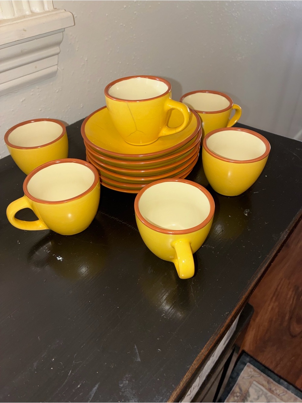 Yellow Ceramic Cup and Saucer Set with Brown Rim